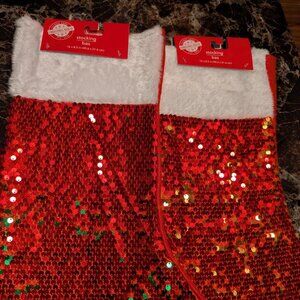 2 NEW CHRISTMAS HOUSE RED SEQUIN CHRISTMAS STOCKINGS